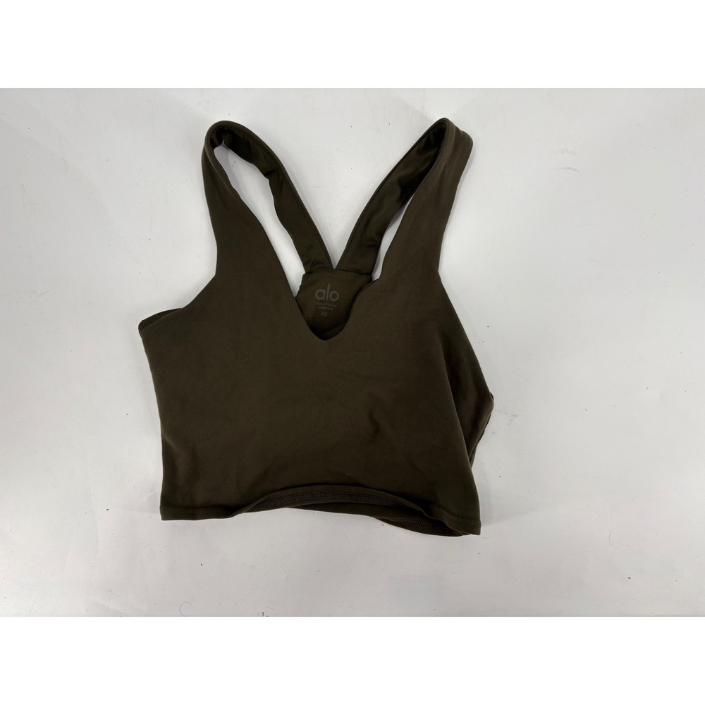 Alo Yoga Real Bra Tank Olive Green V-Neck Cropped Racerback Sports Bra XS